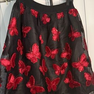 Chic Black Skirt with Red Butterfly Embroidery